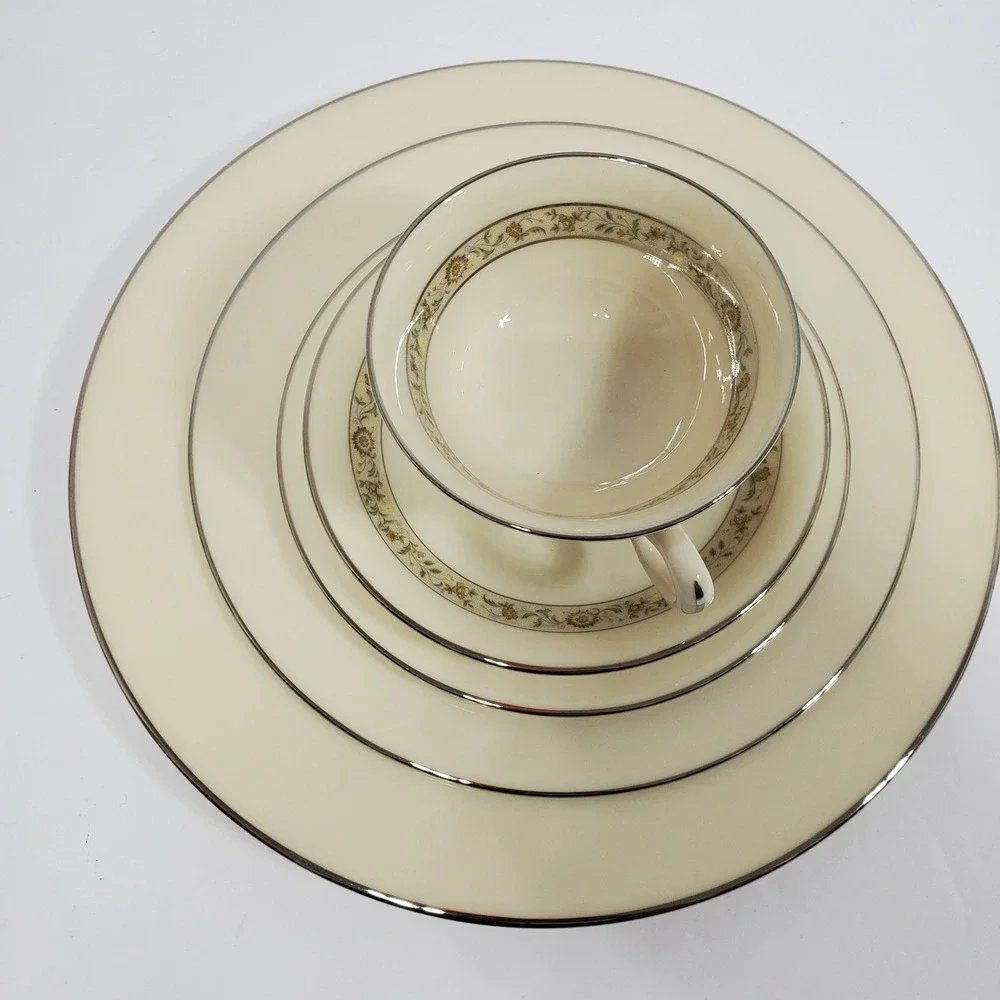 Lenox Springdale Saucer Cup Salad Dinner & Bread Plates 5 Pieces Platinum Trim